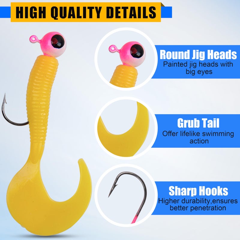 SILANON Grub Lures Fishing Jigs Head Hooks Kit- Soft Plastic Grub Tail Worm Lure Bait Crappie Jigs Buster Tubes Baits for Bass Trout Saltwater Freshwater Fishing 17pcs - Image 2